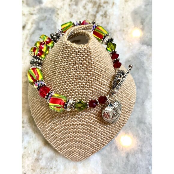 Handmade Lampwork Beads Red Yellow Green with Heart Charm #vintage #festive - Picture 2 of 7